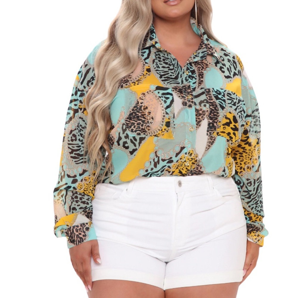 Animal Printed Button Up Blouse- Mint
